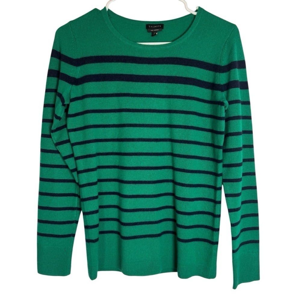 Talbots Emerald and Navy Striped 100% Cashmere XS Sweater